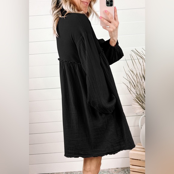 Buttoned Collared Neck Dropped Shoulder Mini Dress - Picture 5 of 6